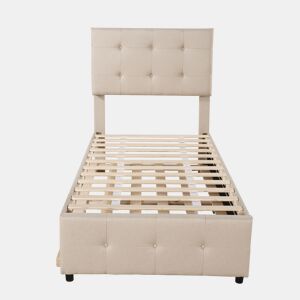 Cama com gavetão 90x200cm - cabeceira regulável - tecido de linho - Bege