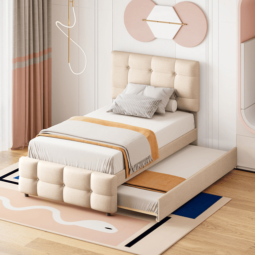 Cama com gavetão 90x200cm - cabeceira regulável - tecido de linho - Bege