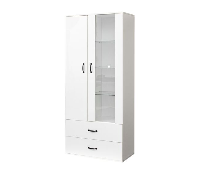 Vitrina con 2 puertas y 2 cajones y led - alto 180cm - blanco