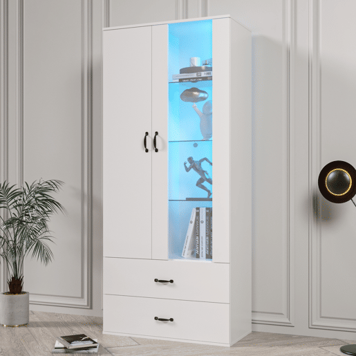 Armário expositor com 2 portas e 2 gavetas e LED - Altura 180cm - Branco