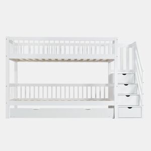 Beliche 90x200 cm com cama de rodízio 90x190 cm - madeira de pinho - com escada de arrumação e gradeamento - Branco