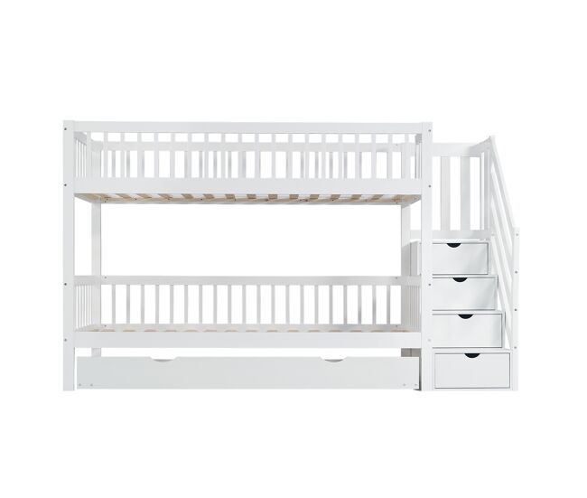 Litera 90x200 cm con cama nido 90x190 cm - madera de pino - con escalera almacenaje y barandilla - blanco