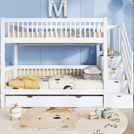 Beliche 90x200 cm com cama de rodízio 90x190 cm - madeira de pinho - com escada de arrumação e gradeamento - Branco
