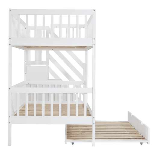 Beliche 90x200 cm com cama de rodízio 90x190 cm - madeira de pinho - com escada de arrumação e gradeamento - Branco