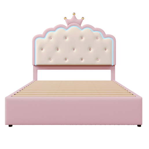 Cama estofada 140x200cm em pele sintética - com LED + 2 gavetas e cama com gavetão 90x190cm - Rosa Cama estofada 140x200cm em pele sintética - com LED + 2 gavetas e cama com gavetão 90x190cm - Rosa