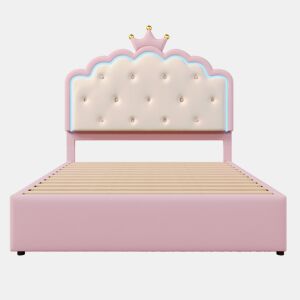 Cama estofada 140x200cm em pele sintética - com LED + 2 gavetas e cama com gavetão 90x190cm - Rosa