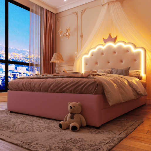 Cama estofada 140x200cm em pele sintética - com LED + 2 gavetas e cama com gavetão 90x190cm - Rosa Cama estofada 140x200cm em pele sintética - com LED + 2 gavetas e cama com gavetão 90x190cm - Rosa