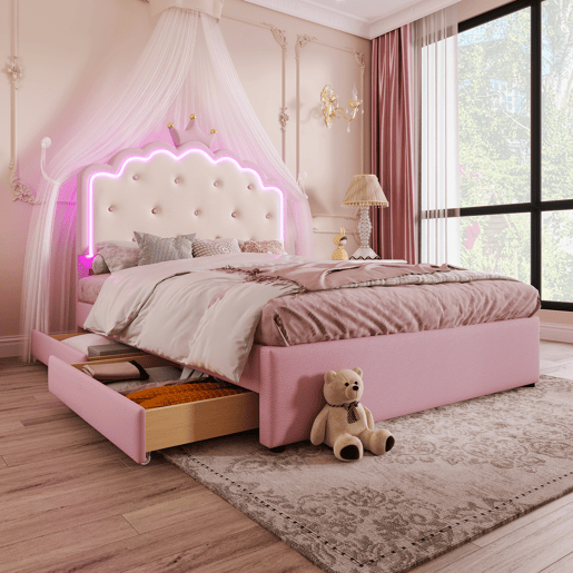 Cama estofada 140x200cm em pele sintética - com LED + 2 gavetas e cama com gavetão 90x190cm - Rosa Cama estofada 140x200cm em pele sintética - com LED + 2 gavetas e cama com gavetão 90x190cm - Rosa