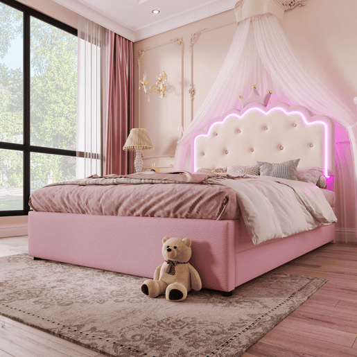 Cama estofada 140x200cm em pele sintética - com LED + 2 gavetas e cama com gavetão 90x190cm - Rosa Cama estofada 140x200cm em pele sintética - com LED + 2 gavetas e cama com gavetão 90x190cm - Rosa