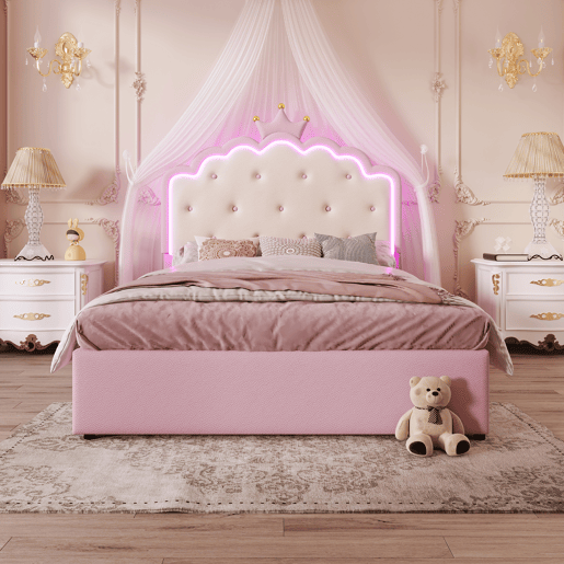 Cama estofada 140x200cm em pele sintética - com LED + 2 gavetas e cama com gavetão 90x190cm - Rosa Cama estofada 140x200cm em pele sintética - com LED + 2 gavetas e cama com gavetão 90x190cm - Rosa