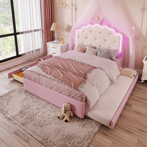 Cama estofada 140x200cm em pele sintética - com LED + 2 gavetas e cama com gavetão 90x190cm - Rosa Cama estofada 140x200cm em pele sintética - com LED + 2 gavetas e cama com gavetão 90x190cm - Rosa