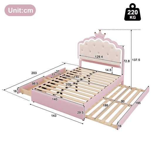Cama estofada 140x200cm em pele sintética - com LED + 2 gavetas e cama com gavetão 90x190cm - Rosa Cama estofada 140x200cm em pele sintética - com LED + 2 gavetas e cama com gavetão 90x190cm - Rosa