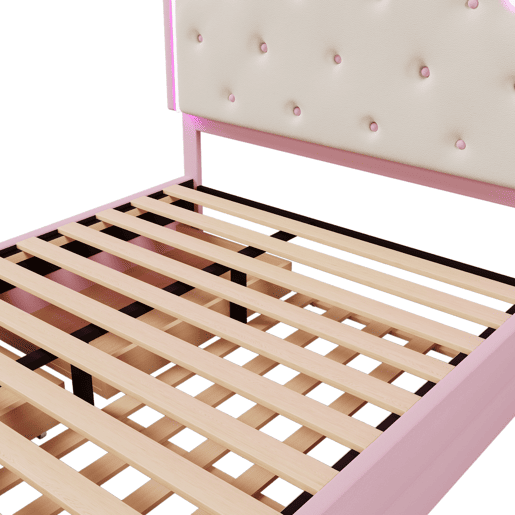 Cama estofada 140x200cm em pele sintética - com LED + 2 gavetas e cama com gavetão 90x190cm - Rosa Cama estofada 140x200cm em pele sintética - com LED + 2 gavetas e cama com gavetão 90x190cm - Rosa