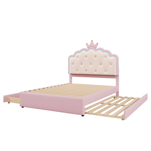 Cama estofada 140x200cm em pele sintética - com LED + 2 gavetas e cama com gavetão 90x190cm - Rosa Cama estofada 140x200cm em pele sintética - com LED + 2 gavetas e cama com gavetão 90x190cm - Rosa