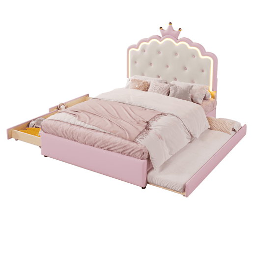 Cama estofada 140x200cm em pele sintética - com LED + 2 gavetas e cama com gavetão 90x190cm - Rosa Cama estofada 140x200cm em pele sintética - com LED + 2 gavetas e cama com gavetão 90x190cm - Rosa