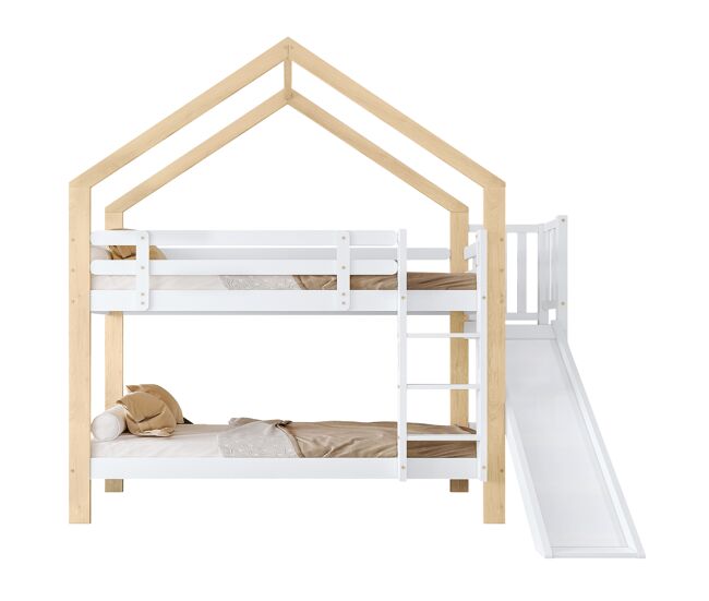 Litera cabaña infantil de madera maciza 90x200cm con tobogán,escalera y protección contra caídas,blanco+natural