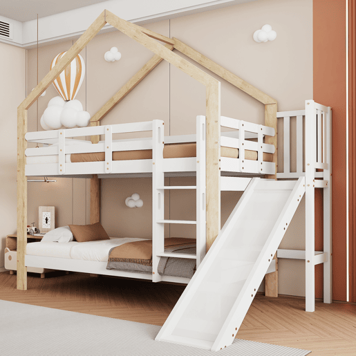 Beliche,cama-casa de madeira maciça 90x200cm,branco+natural