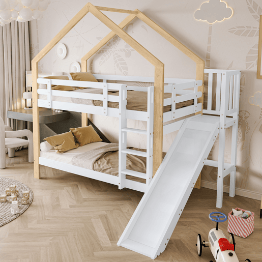 Beliche,cama-casa de madeira maciça 90x200cm,branco+natural