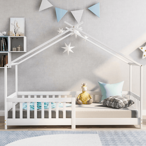 Cama de criança,cama-casa de madeira maciça 90x200cm,branco