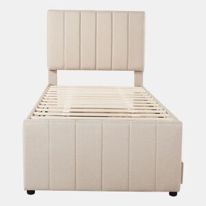 Cama estofada em linho 90x200 cm - com cama com rodízios e 3 gavetas - Bege