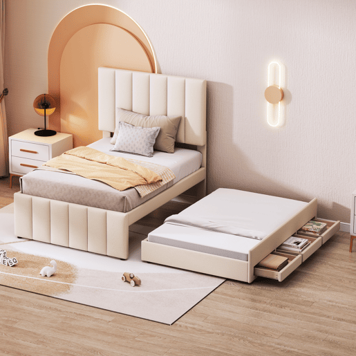 Cama estofada em linho 90x200 cm - com cama com rodízios e 3 gavetas - Bege