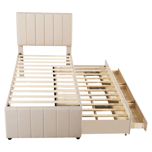 Cama estofada em linho 90x200 cm - com cama com rodízios e 3 gavetas - Bege