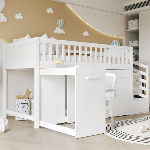 Cama mezzanine em madeira 90x200 cm - com secretáriagabinetearmário extraível e escada de arrumação - Branco