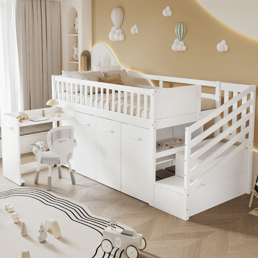 Cama mezzanine em madeira 90x200 cm - com secretáriagabinetearmário extraível e escada de arrumação - Branco