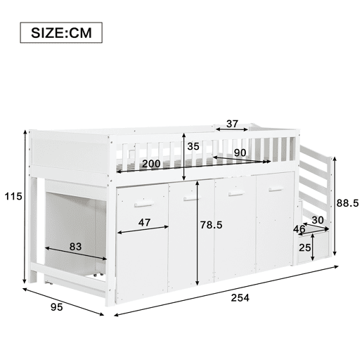 Cama mezzanine em madeira 90x200 cm - com secretáriagabinetearmário extraível e escada de arrumação - Branco