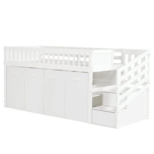 Cama mezzanine em madeira 90x200 cm - com secretáriagabinetearmário extraível e escada de arrumação - Branco