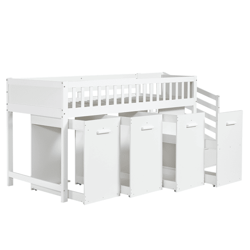 Cama mezzanine em madeira 90x200 cm - com secretáriagabinetearmário extraível e escada de arrumação - Branco