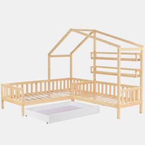Cama de criança,cama-casa,cama dupla de madeira maciça 90x200(70x140)cm com 1 gaveta,natural