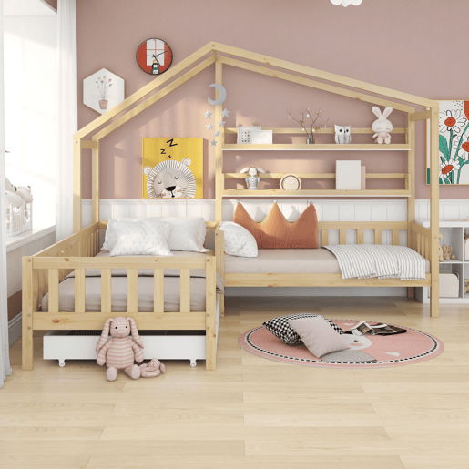 Cama de criança,cama-casa,cama dupla de madeira maciça 90x200(70x140)cm com 1 gaveta,natural