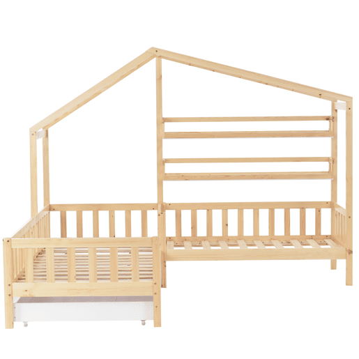 Cama de criança,cama-casa,cama dupla de madeira maciça 90x200(70x140)cm com 1 gaveta,natural