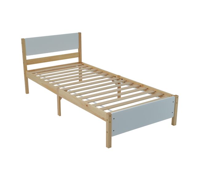 Cama individual de madera de pino y mdf 90x200cm,blanco+natural