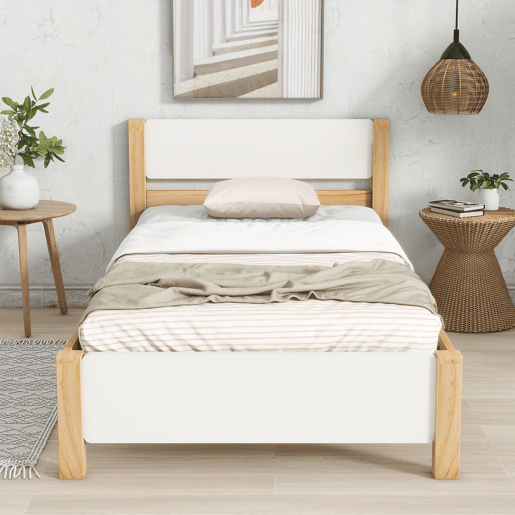 Cama de solteiro de madeira de pinho e mdf 90x200cm,branco+natural