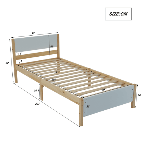 Cama de solteiro de madeira de pinho e mdf 90x200cm,branco+natural