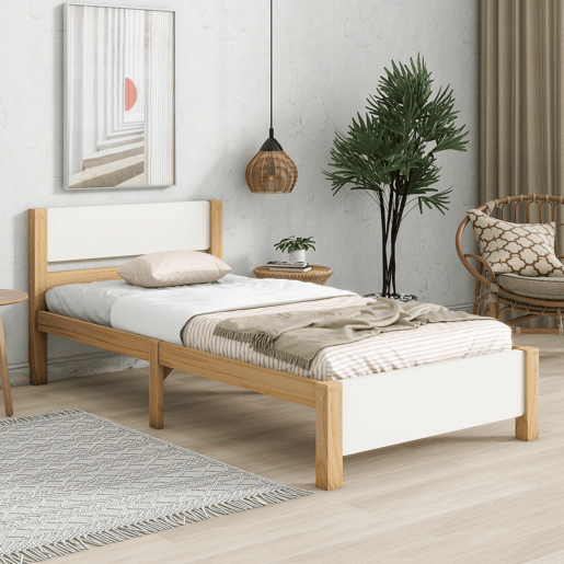 Cama de solteiro de madeira de pinho e mdf 90x200cm,branco+natural