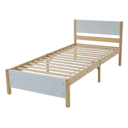 Cama de solteiro de madeira de pinho e mdf 90x200cm,branco+natural