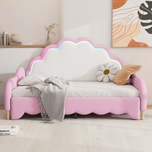 Cama de criança amovível em imitação de pele - 140x200cm - com LED e controlo remoto - Rosa (colchão não incluído)