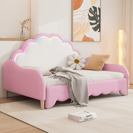 Cama de criança amovível em imitação de pele - 140x200cm - com LED e controlo remoto - Rosa (colchão não incluído)