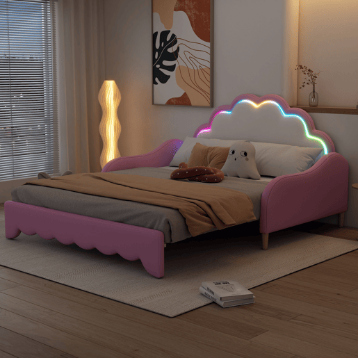 Cama de criança amovível em imitação de pele - 140x200cm - com LED e controlo remoto - Rosa (colchão não incluído)