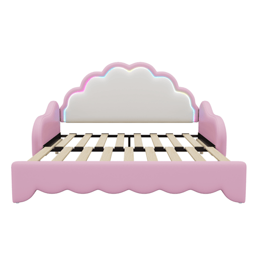 Cama de criança amovível em imitação de pele - 140x200cm - com LED e controlo remoto - Rosa (colchão não incluído)
