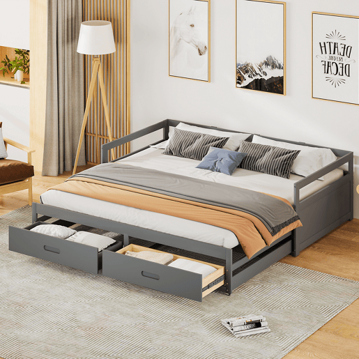 Cama de rodízio em madeira de pinho - com gavetas - 90180x200cm - Cinzento