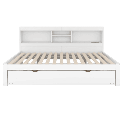 Divã de 140x200cm com cama com gavetão de 90x190cm - mesa de cabeceira com arrumação, LED e tomadas - Branco