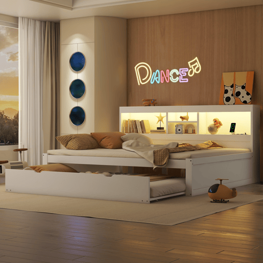 Divã de 140x200cm com cama com gavetão de 90x190cm - mesa de cabeceira com arrumação, LED e tomadas - Branco
