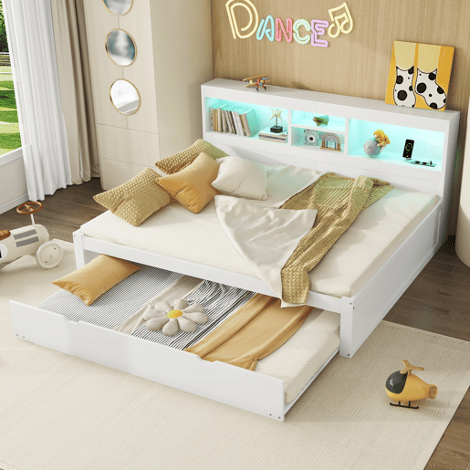 Divã de 140x200cm com cama com gavetão de 90x190cm - mesa de cabeceira com arrumação, LED e tomadas - Branco