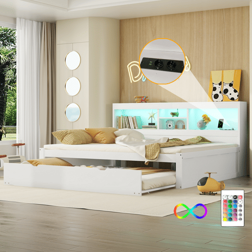 Divã de 140x200cm com cama com gavetão de 90x190cm - mesa de cabeceira com arrumação, LED e tomadas - Branco
