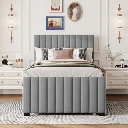 Cama estofada 90x190cm em veludo - com cama com gavetão 90x190cm - Cinzento