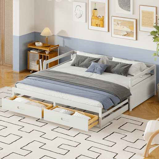 Cama de rodízio em madeira de pinho - com gavetas - 90180x200cm - Branco